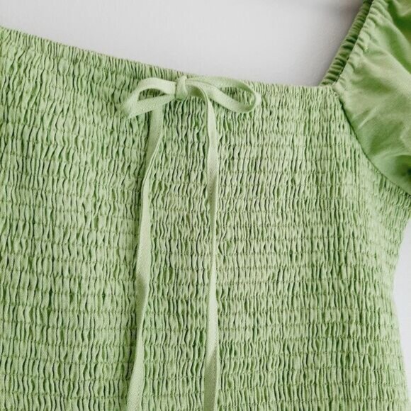 ENGLISH FACTORY / Smocked Ruffle Hem Puff Sleeve Mini Dress Green Sz M - Picture 7 of 14